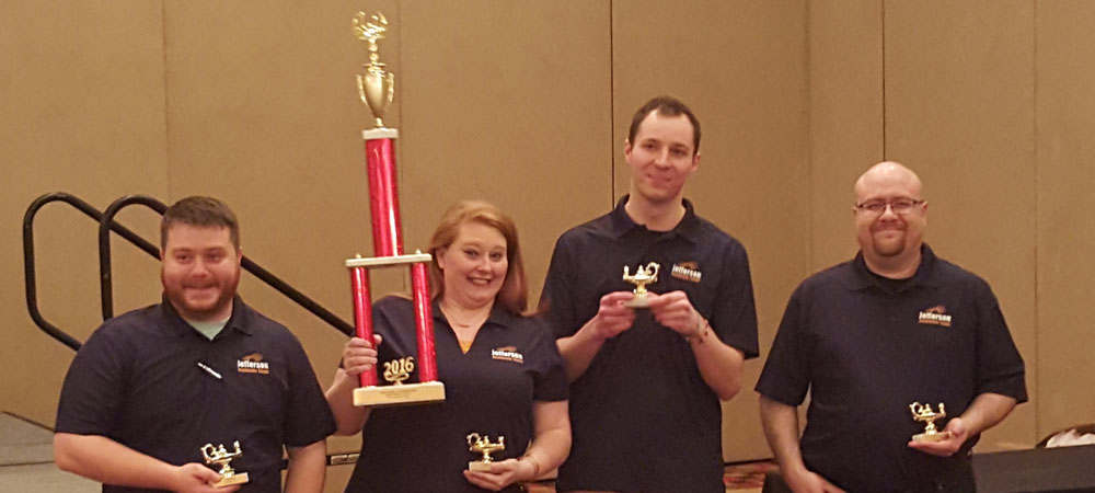 Jefferson Community & Technical College with their first-place trophy from the 2015 Community College Championship Tournament
