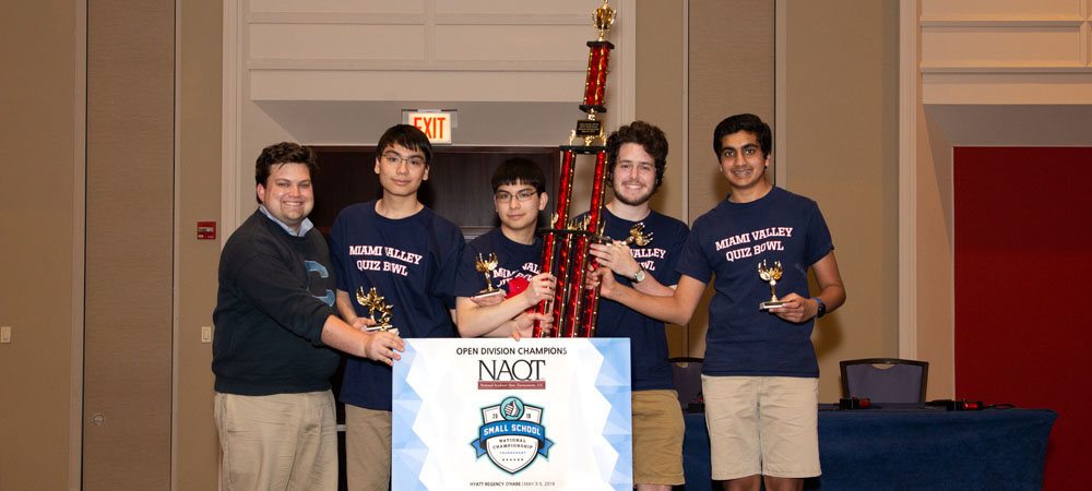 Miami Valley&nbsp;A with their First-Place Open Division trophy from the 2019 Small School National Championship Tournament