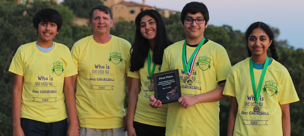 Winston Churchill Middle School&nbsp;A with their first-place plaque from the 2021 Middle School National Championship Tournament
