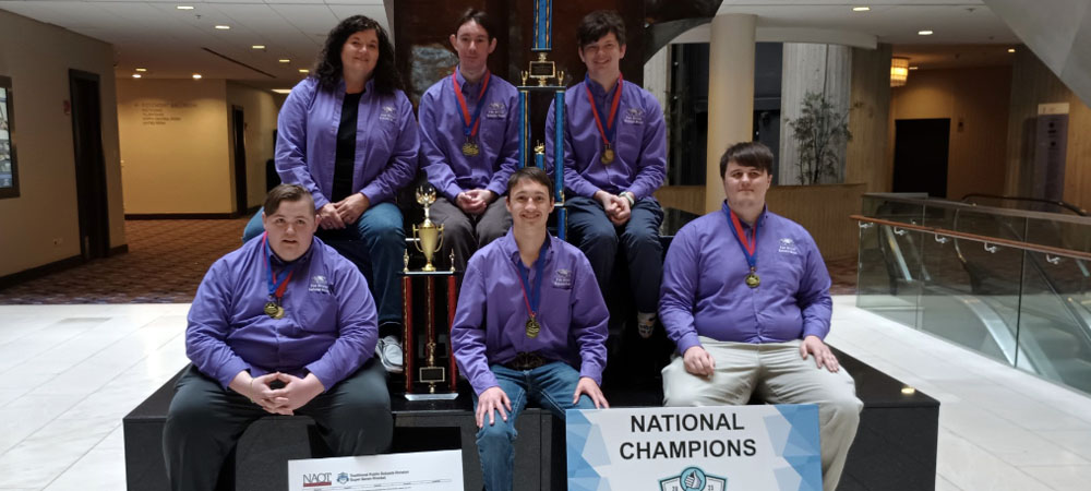 Fair Grove with their First-Place Traditional Public Schools Division and First-Place Very Small School trophies from the 2023 Small School National Championship Tournament