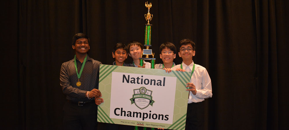 River Trail Middle School’s A&nbsp;team with their first-place trophy from the 2024 Middle School National Championship Tournament