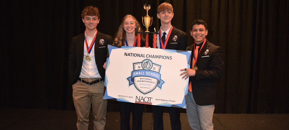 Morris A with their First-Place Very Small School trophy from the 2025 Small School National Championship Tournament